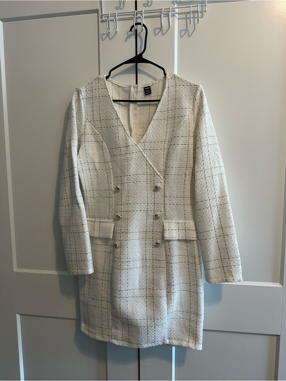 SHEIN Cream and Gray Windowpane Tweed Long-Sleeve Dress